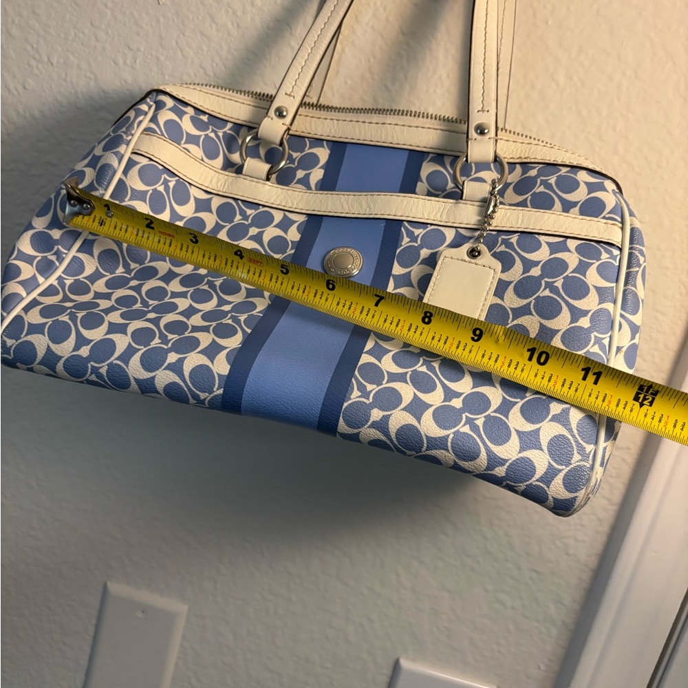 Coach Light Blue Signature Stripe Shoulder Bag with Cream Trim